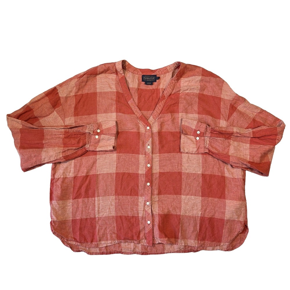 Pendleton Shirt Women XL Linen Blend Plaid Button Up Peasant Cottagecore Western